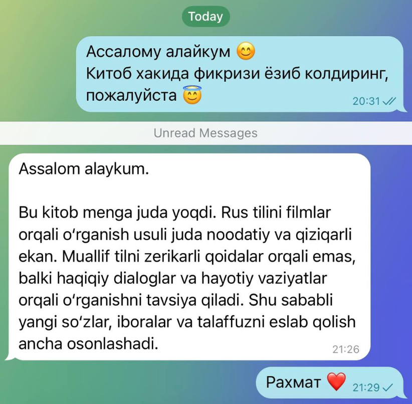 Filmlar orqali rus tilini o‘rganish haqidagi o‘quvchi fikri